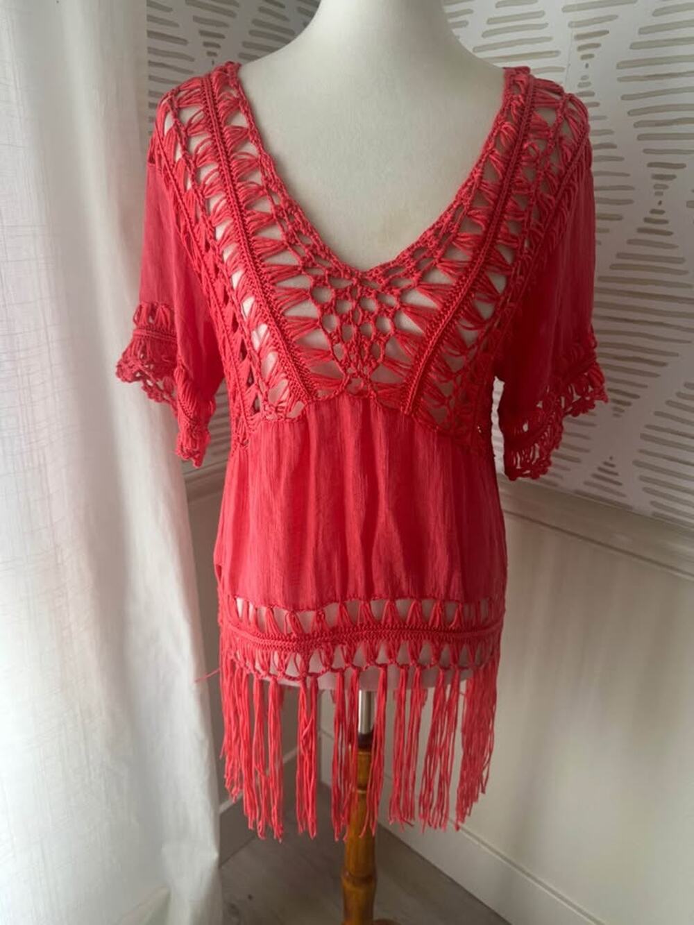 One Size Hippie Fringe Macrame Crochet Blouse Cover Up Boho Red India Boutique